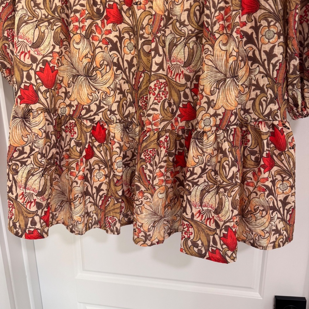 Entro Floral Smocked Mini Dress Long Sleeve Boho Tan Red Brown D21560 Womens M - Picture 5 of 9